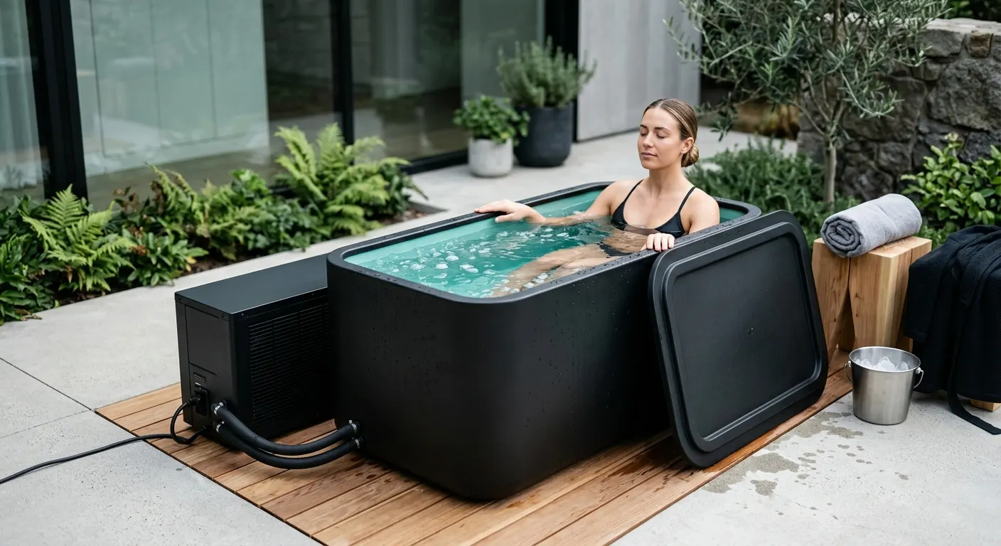 A compact cold plunge chiller unit with titanium heat exchanger and quick-connect hoses alongside a rigid cold plunge barrel on a clean outdoor deck