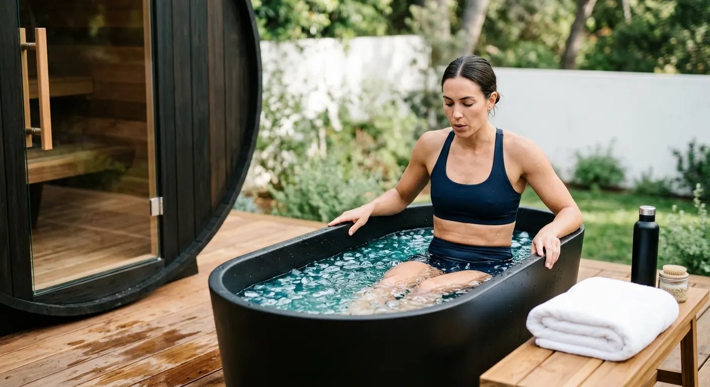 Cedar barrel sauna and cold plunge tub side by side on a backyard deck, towel on a hook between them, ready for a contrast therapy session